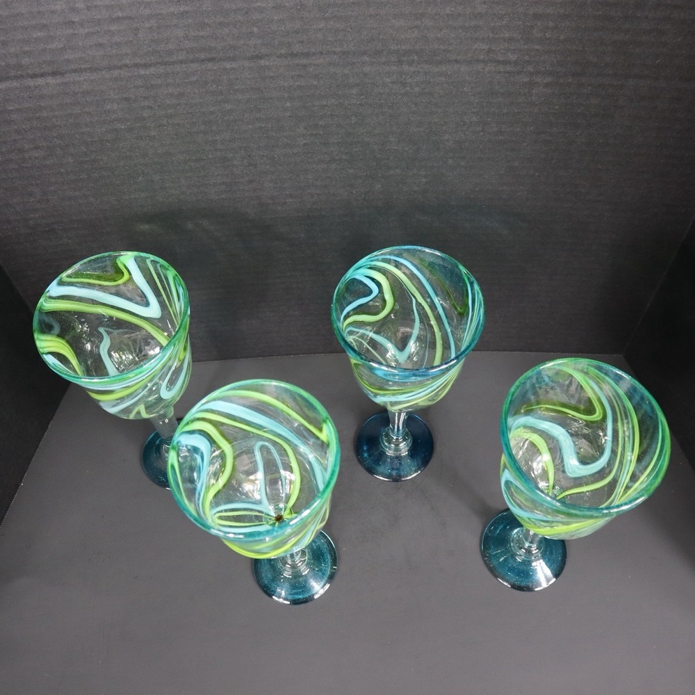 Set Of 4 Matching Hand Blown Mexican Blue/Green Swirl Margarita Glasses 9.5 in. - Picture 2 of 9
